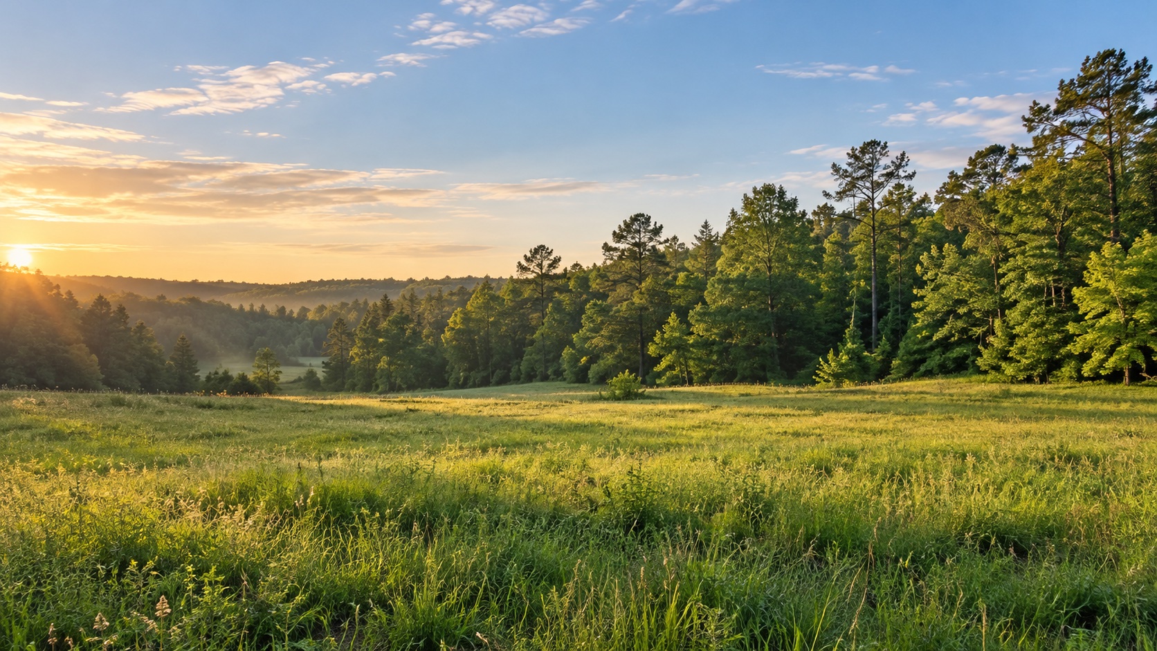 Open field bordered by pine and hardwood trees.